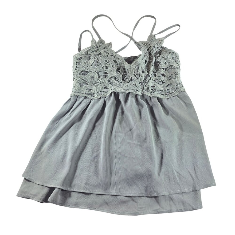 Womens Top Sleeveless Gray Lace Layered ruched XL neutral coquette babydoll